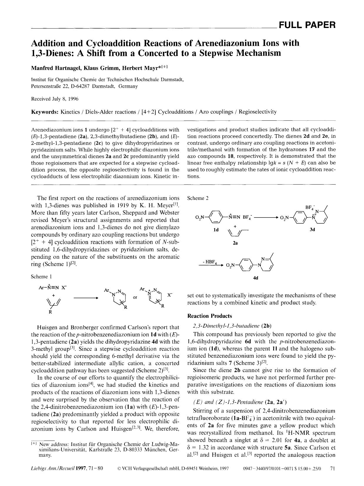 Addition and Cycloaddition Reactions of Arenediazonium Ions with 1,3-Dienes: A Shift From a Concerted to a Stepwise Mechanism by Unknown