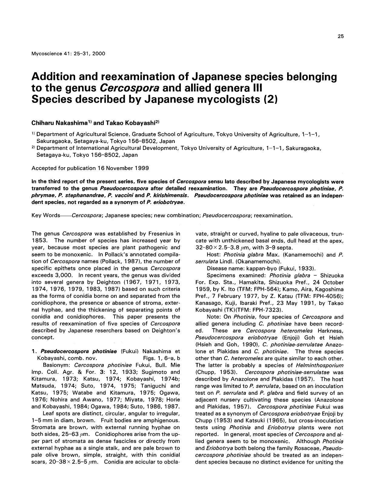 Addition and reexamination of Japanese species belonging to the genus <Emphasis Type="Italic">Cercospora <Emphasis> and allied genera III Species described by Japanese mycologists (2) by Unknown