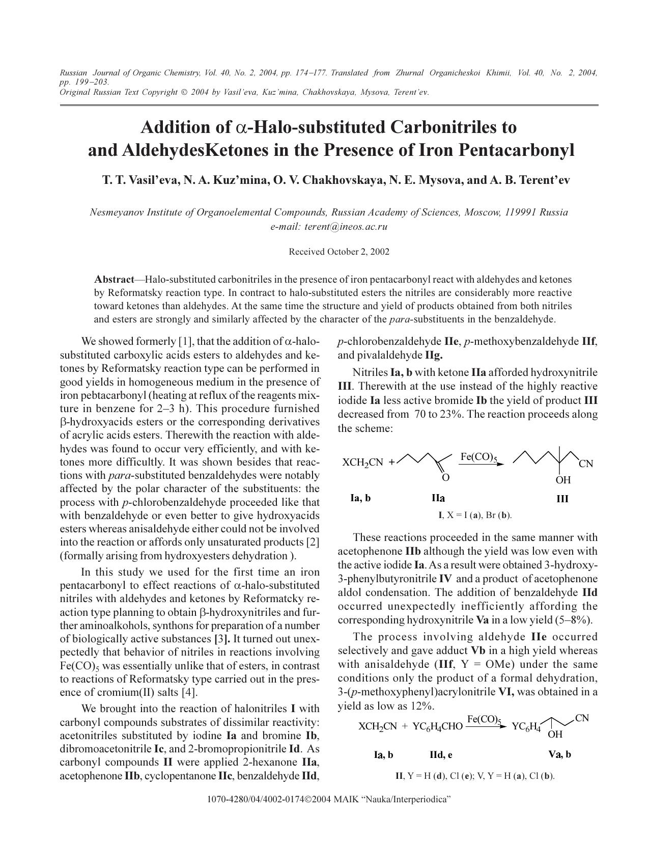 Addition of &#x03B1;-Halo-substituted Carbonitriles to and AldehydesKetones in the Presence of Iron Pentacarbonyl by Unknown