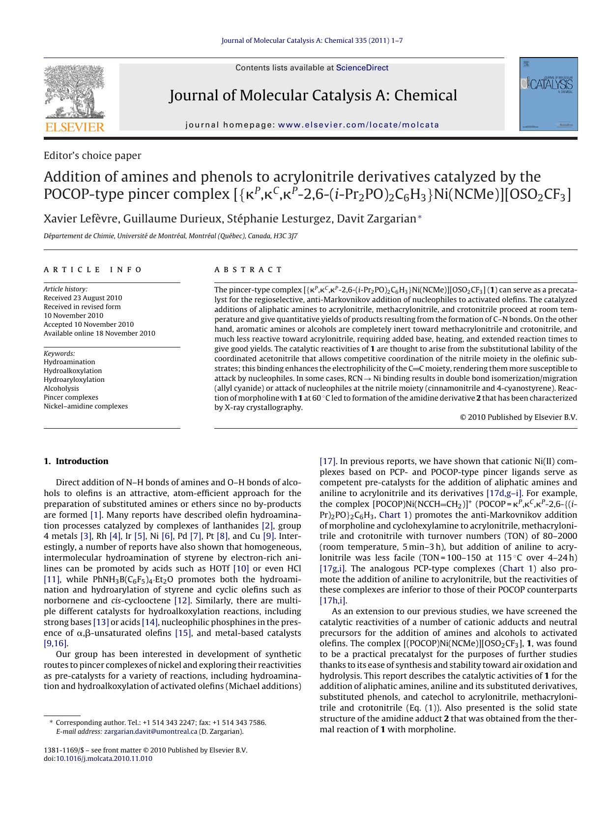 Addition of amines and phenols to acrylonitrile derivatives catalyzed by the POCOP-type pincer complex [{ÃÂºP,ÃÂºC,ÃÂºP-2,6-(i-Pr2PO)2C6H3}Ni(NCMe)][OSO2CF3] by Xavier LefÃ¨vre