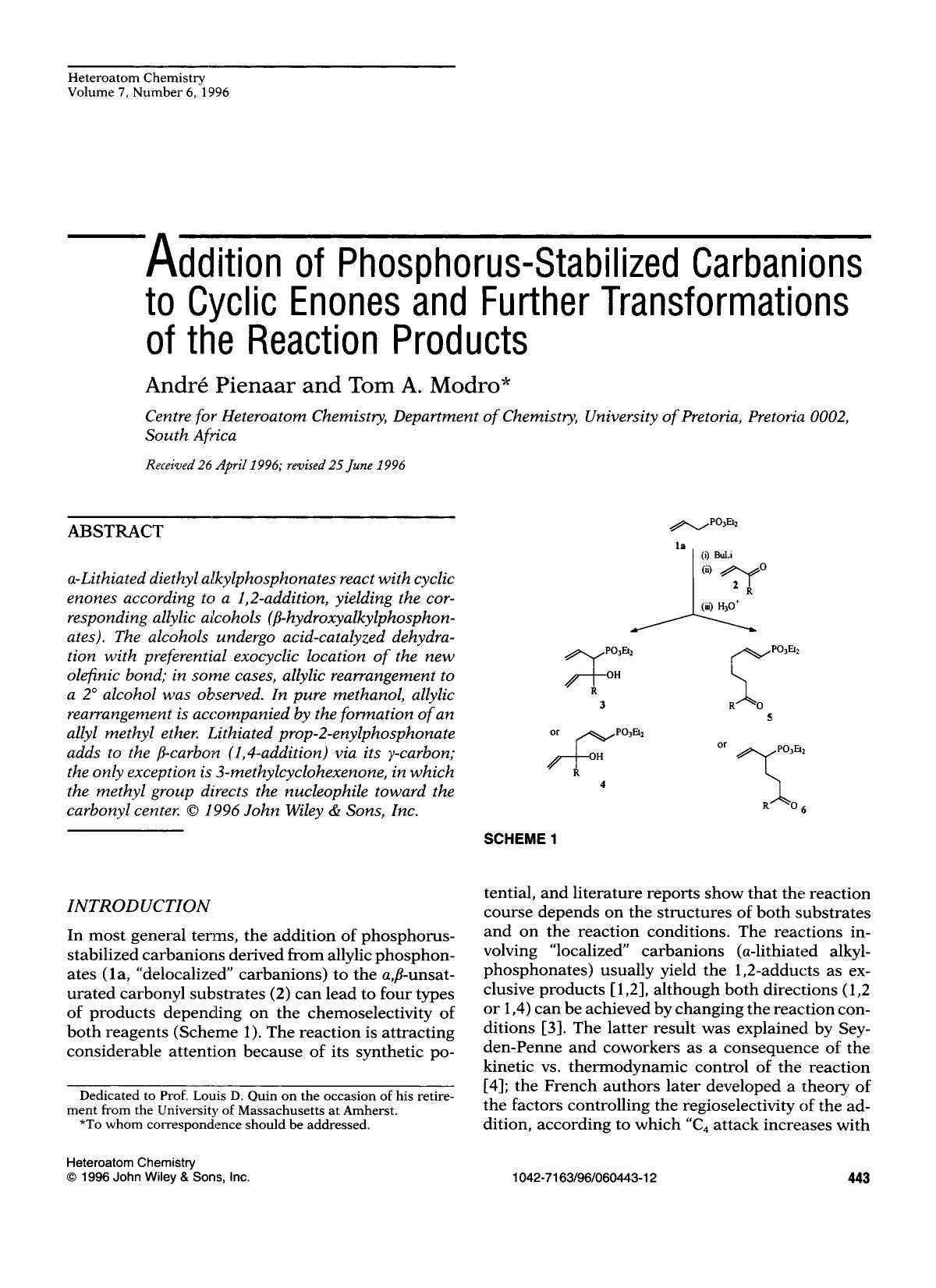 Addition of phosphorus-stabilized carbanions to cyclic enones and further transformations of the reaction products by Unknown