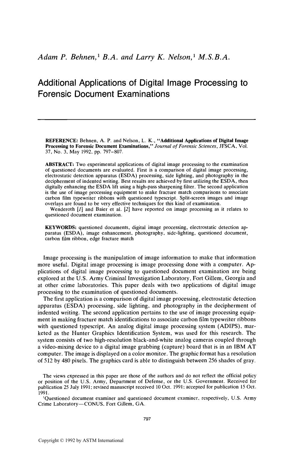 Additional Applications of Digital Image Processing to Forensic Document Examinations by Behnen AP Nelson LK