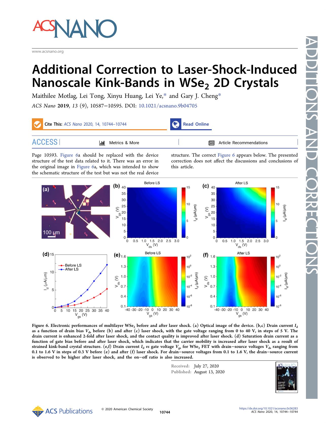 Additional Correction to Laser-Shock-Induced Nanoscale Kink-Bands in WSe2 2D Crystals by Maithilee Motlag Lei Tong Xinyu Huang Lei Ye and Gary J. Cheng