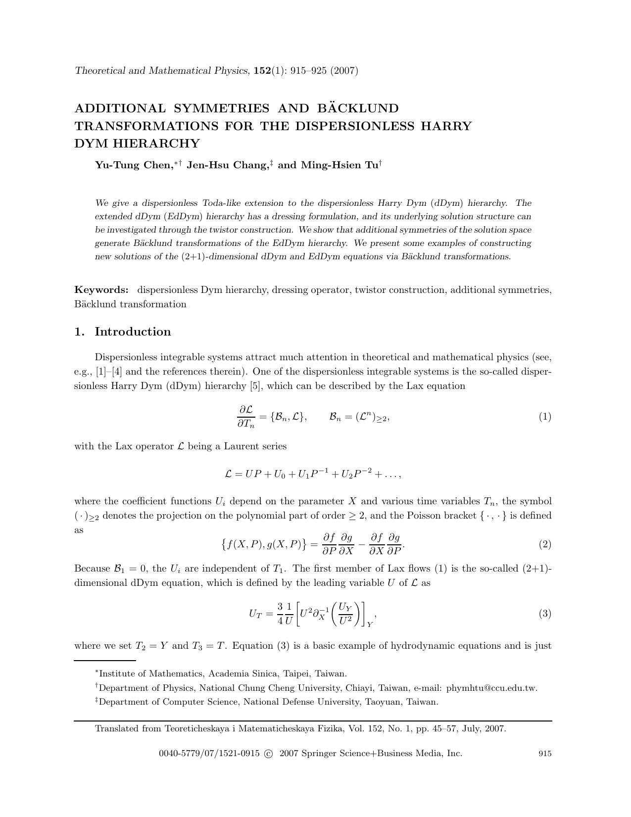 Additional symmetries and Bäcklund transformations for the dispersionless Harry Dym hierarchy by Unknown
