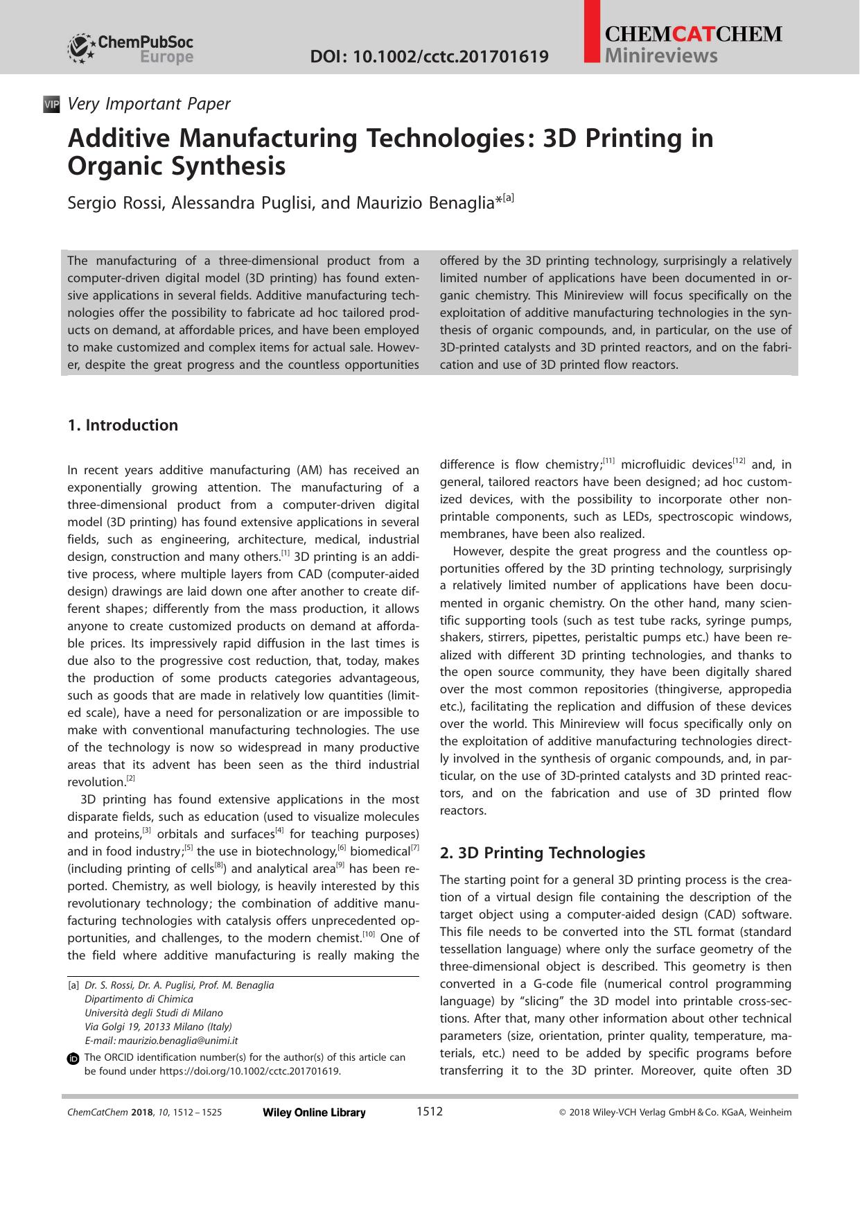 Additive Manufacturing Technologies: 3D Printing in Organic Synthesis by Unknown