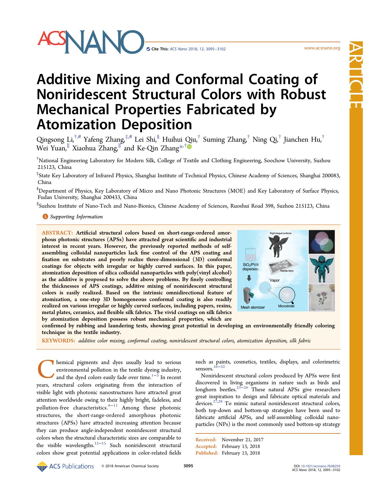 Additive Mixing and Conformal Coating of Noniridescent Structural Colors with Robust Mechanical Properties Fabricated by Atomization Deposition by unknow
