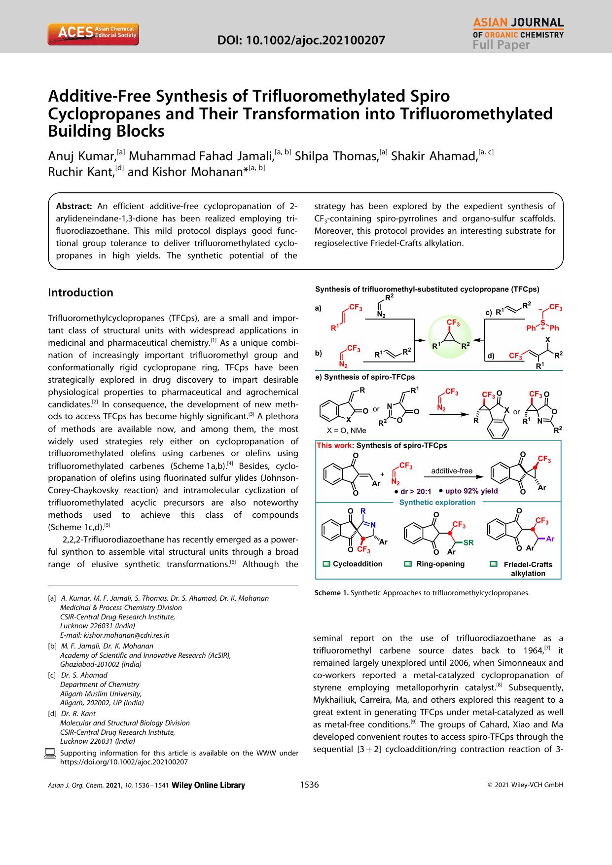 AdditiveâFree Synthesis of Trifluoromethylated Spiro Cyclopropanes and Their Transformation into Trifluoromethylated Building Blocks by Unknown