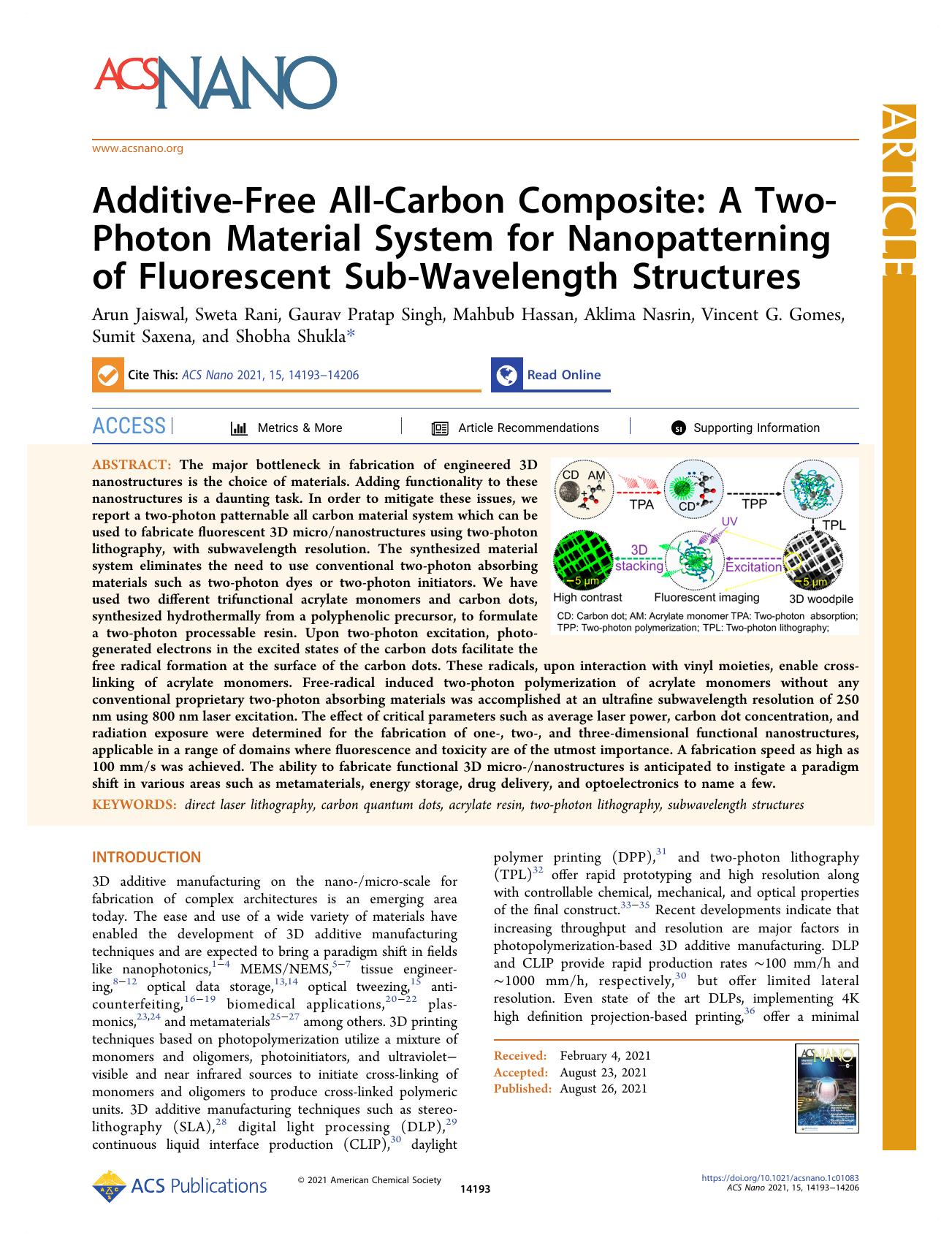 Additive-Free All-Carbon Composite: A Two-Photon Material System for Nanopatterning of Fluorescent Sub-Wavelength Structures by unknow