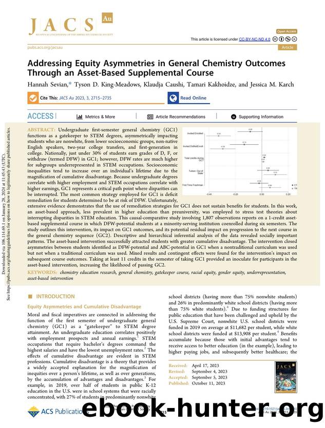 Addressing Equity Asymmetries in General Chemistry Outcomes Through an Asset-Based Supplemental Course by Hannah Sevian Tyson D. King-Meadows Klaudja Caushi Tamari Kakhoidze & Jessica M. Karch