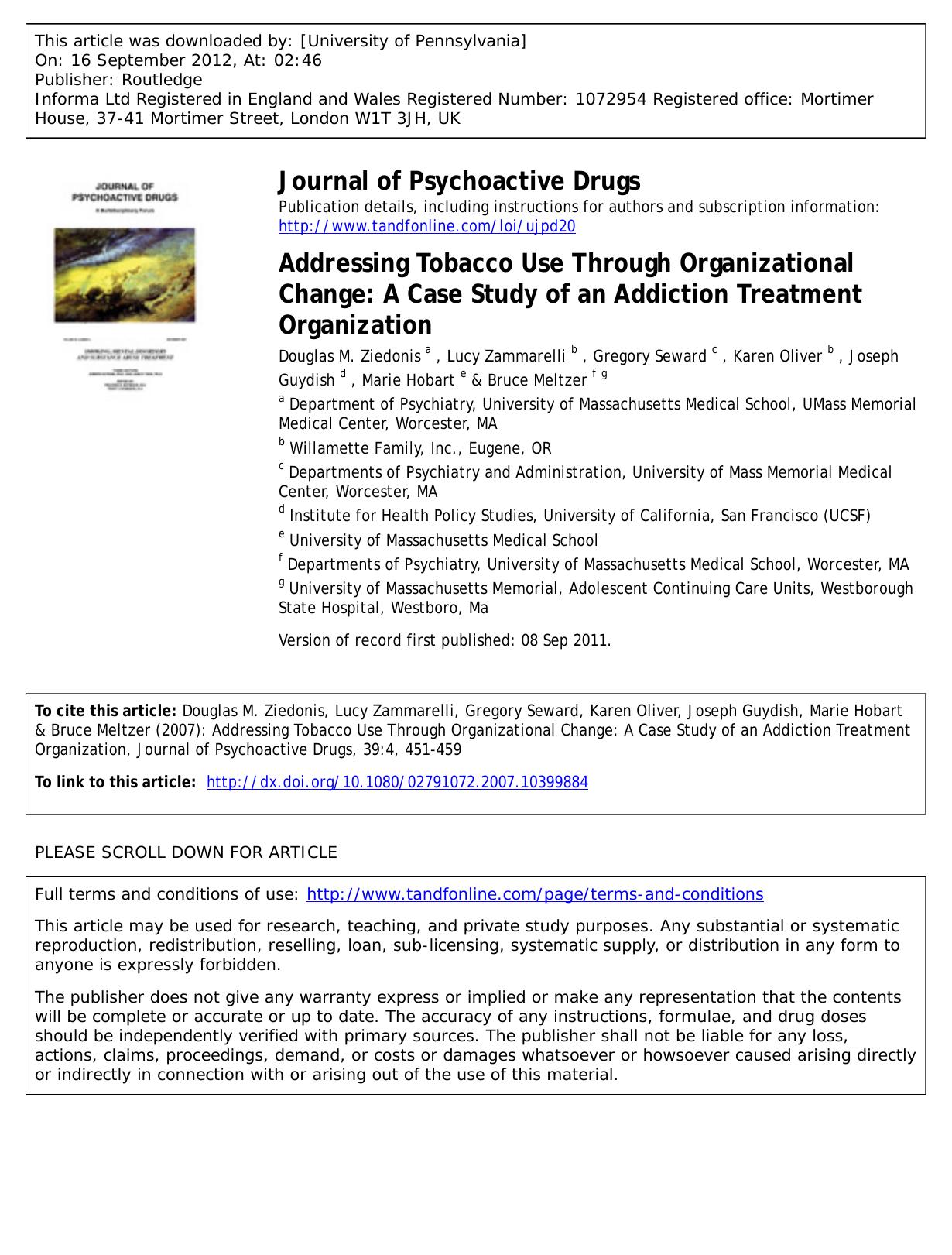Addressing Tobacco Use Through Organizational Change: A Case Study of an Addiction Treatment Organization by unknow