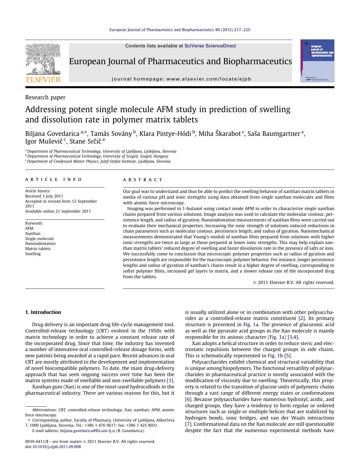 Addressing potent single molecule AFM study in prediction of swelling and dissolution rate in polymer matrix tablets by unknow