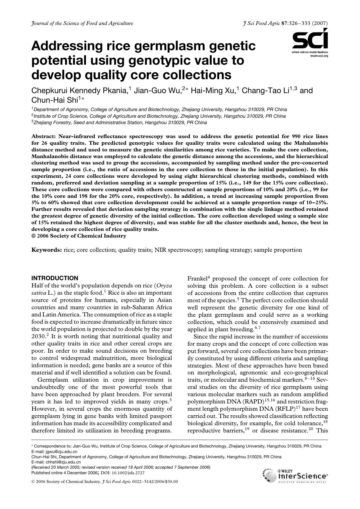 Addressing rice germplasm genetic potential using genotypic value to develop quality core collections by Unknown