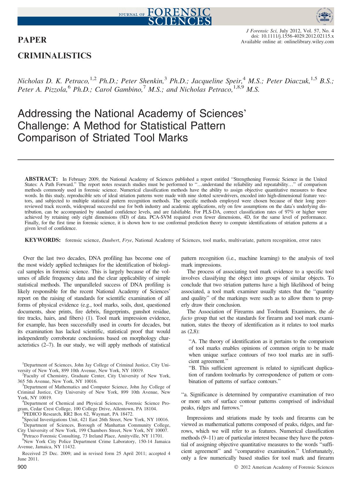 Addressing the National Academy of Sciences Challenge: A Method for Statistical Pattern Comparison of Striated Tool Marks by Unknown