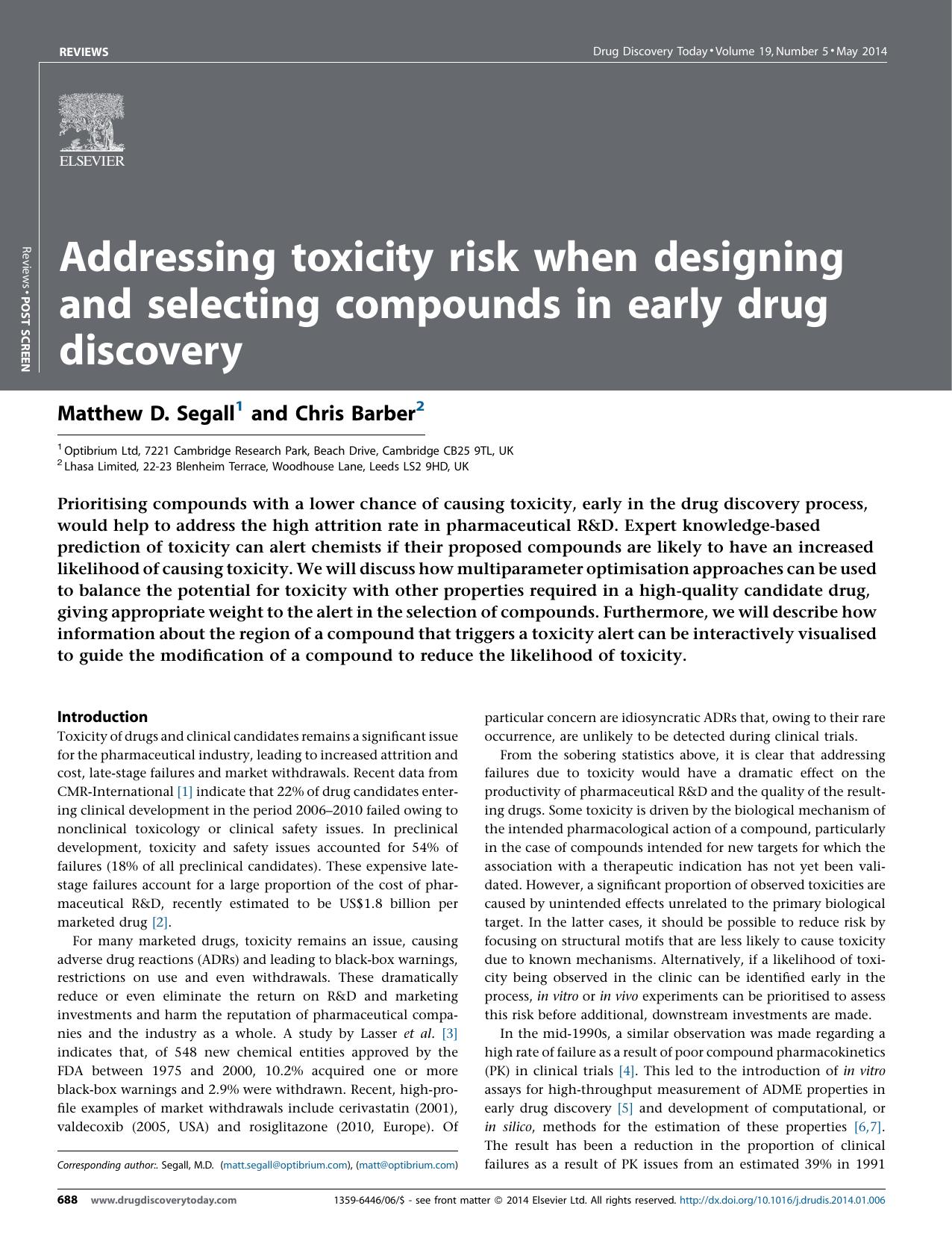Addressing toxicity risk when designing and selecting compounds in early drug discovery by Matthew D. Segall & Chris Barber
