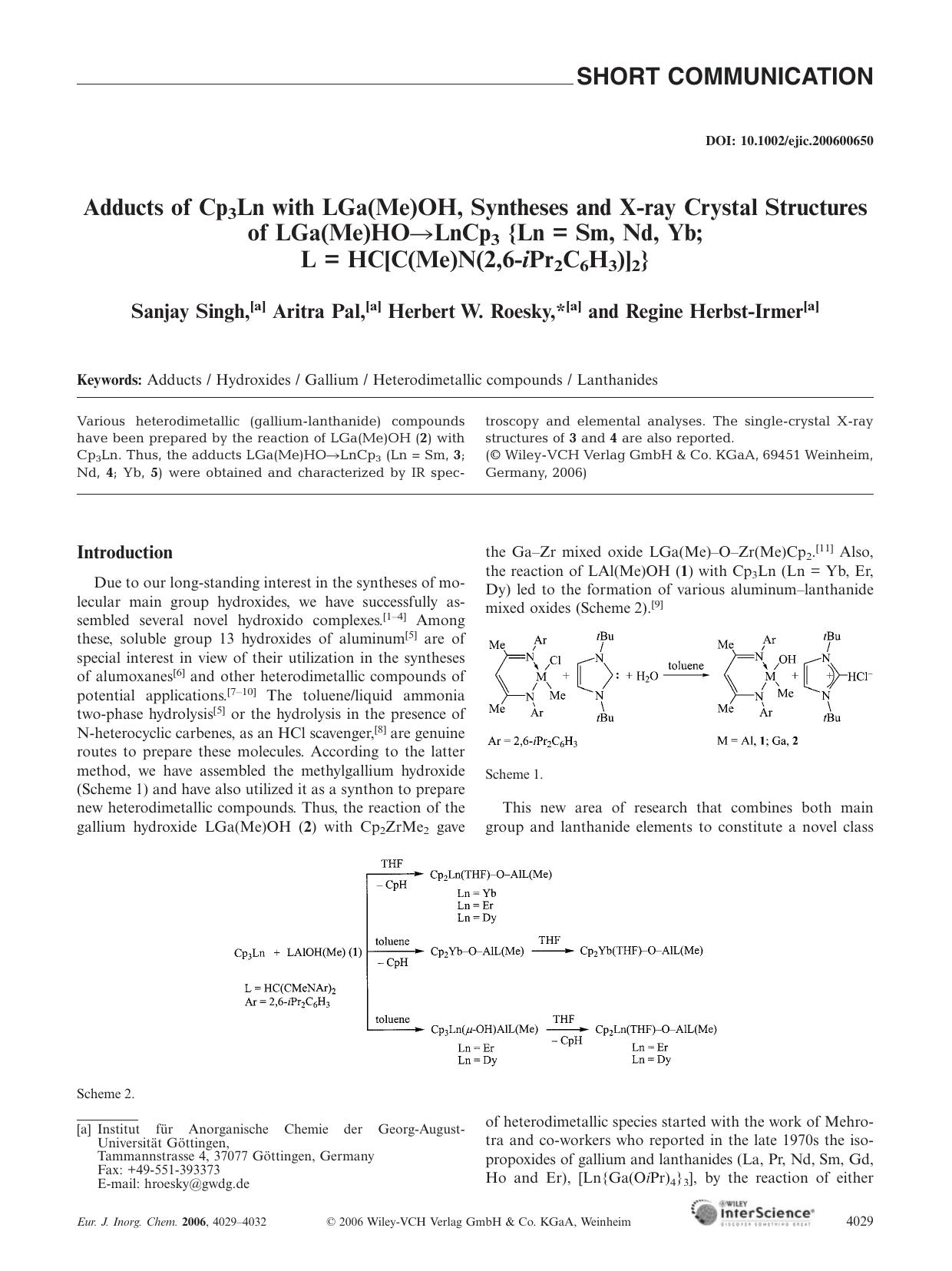 Adducts of Cp3Ln with LGa(Me)OH, Syntheses and X-ray Crystal Structures of LGa(Me)HO[rarr]LnCp3 {Ln = Sm, Nd, Yb; L = HC[C(Me)N(2,6-iPr2C6H3)]2} by Unknown