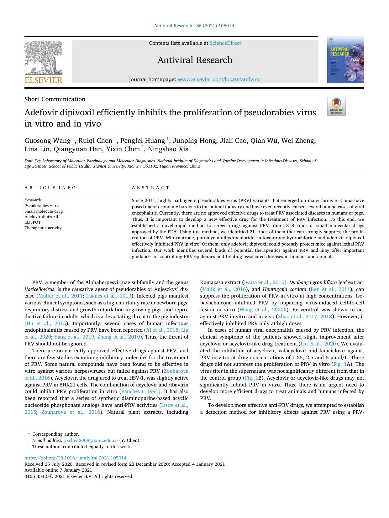 Adefovir dipivoxil efficiently inhibits the proliferation of pseudorabies virus in vitro and in vivo by unknow