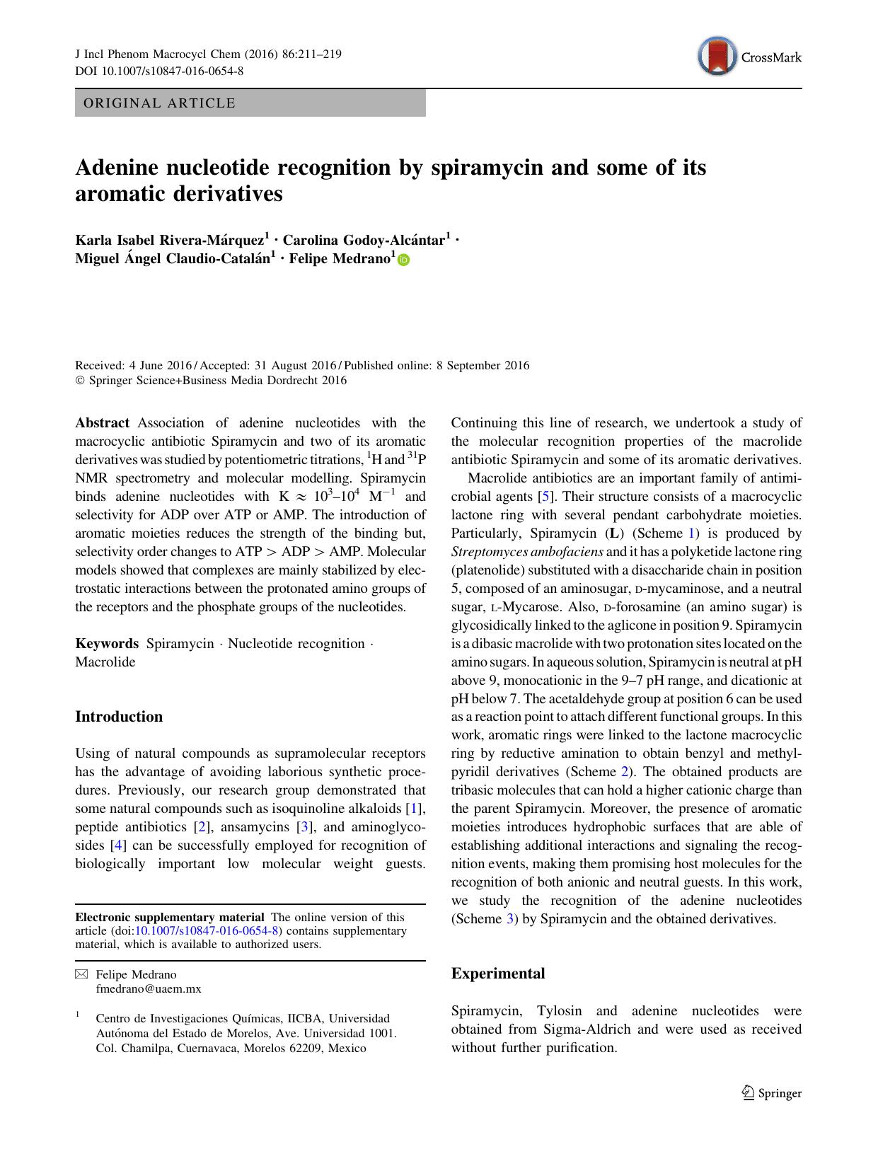 Adenine nucleotide recognition by spiramycin and some of its aromatic derivatives by unknow