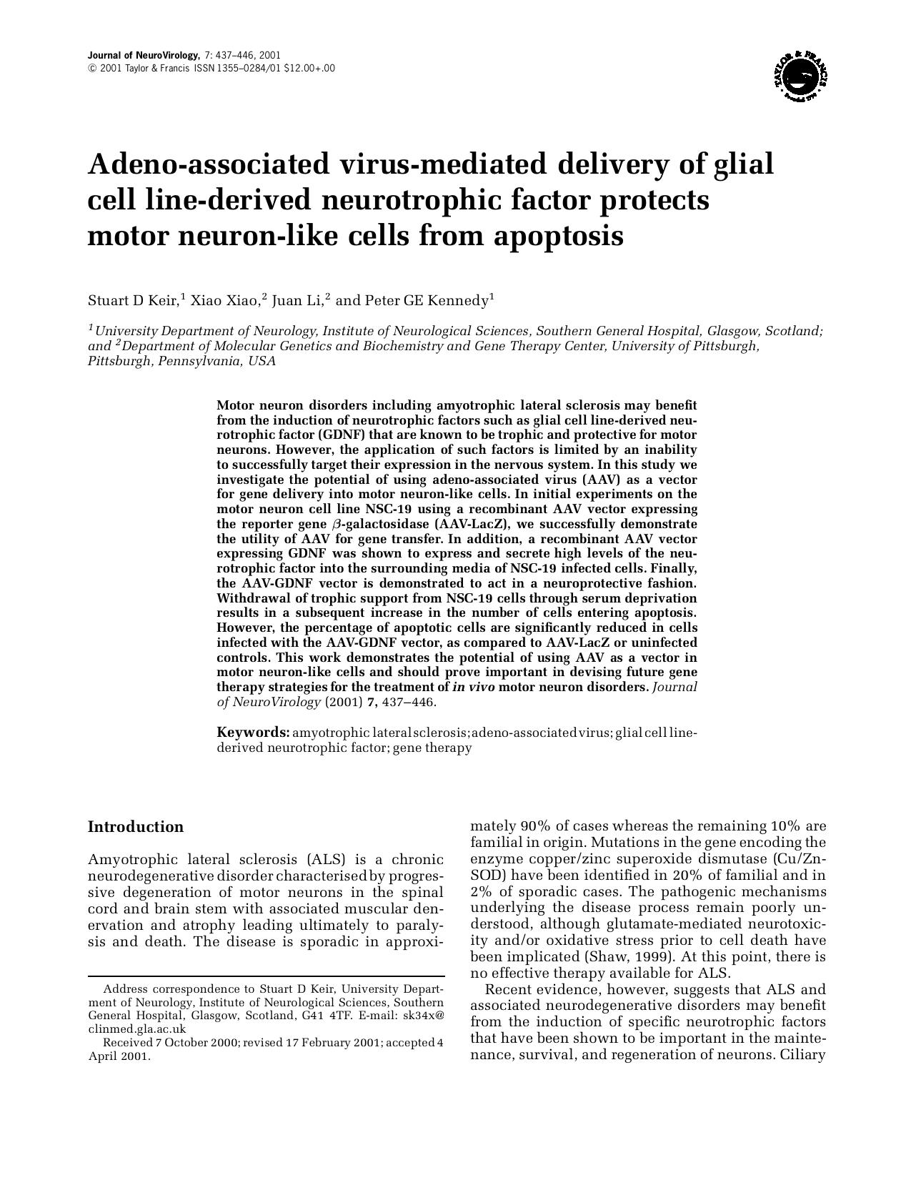 Adeno-associated virus-mediated delivery of glial cell line-derived neurotrophic factor protects motor neuron-like cells from apoptosis by Unknown
