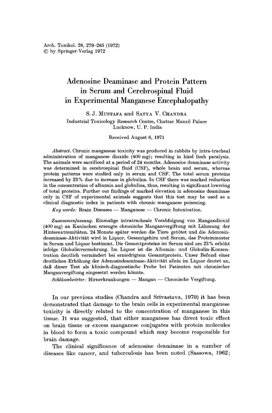 Adenosine deaminase and protein pattern in serum and cerebrospinal fluid in experimental manganese encephalopathy by Unknown