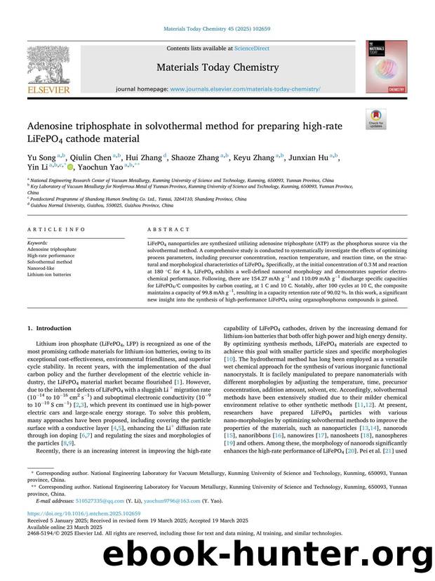 Adenosine triphosphate in solvothermal method for preparing high-rate LiFePO4 cathode material by Yu Song & Qiulin Chen & Hui Zhang & Shaoze Zhang & Keyu Zhang & Junxian Hu & Yin Li & Yaochun Yao