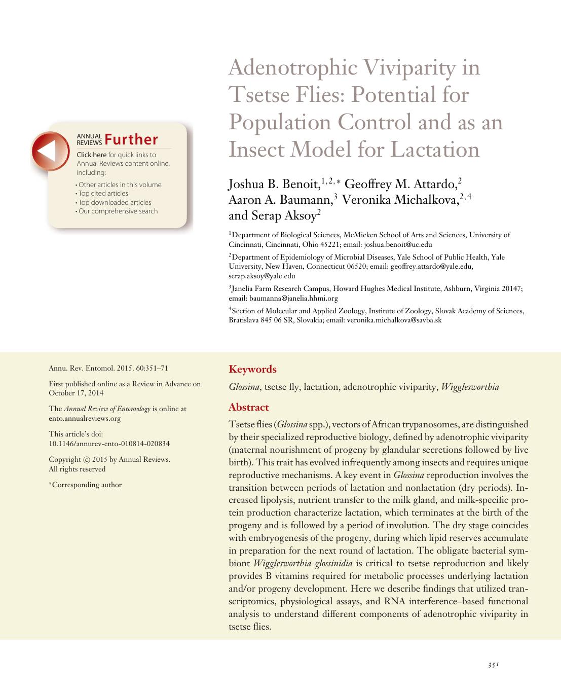 Adenotrophic Viviparity in Tsetse Flies: Potential for Population Control and as an Insect Model for Lactation by Joshua B. Benoit Geoffrey M. Attardo Aaron A. Baumann Veronika Michalkova Serap Aksoy