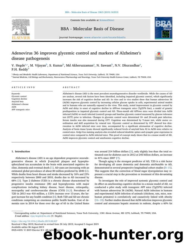 Adenovirus 36 improves glycemic control and markers of Alzheimer's disease pathogenesis by V. Hegde & M. Vijayan & S. Kumar & Md Akheruzzaman & N. Sawant & N.V. Dhurandhar & P.H. Reddy