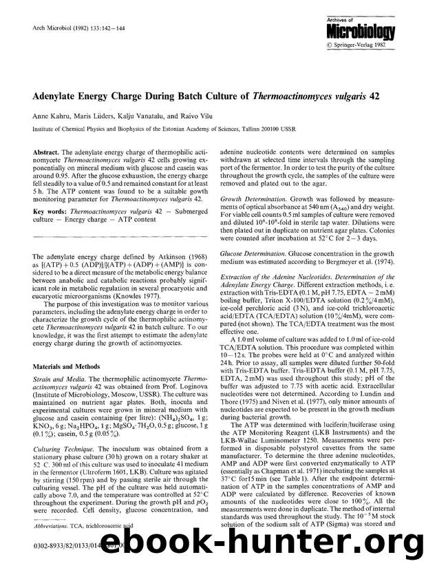 Adenylate energy charge during batch culture of <Emphasis Type="Italic">Thermoactinomyces vulgaris<Emphasis> 42 by Unknown