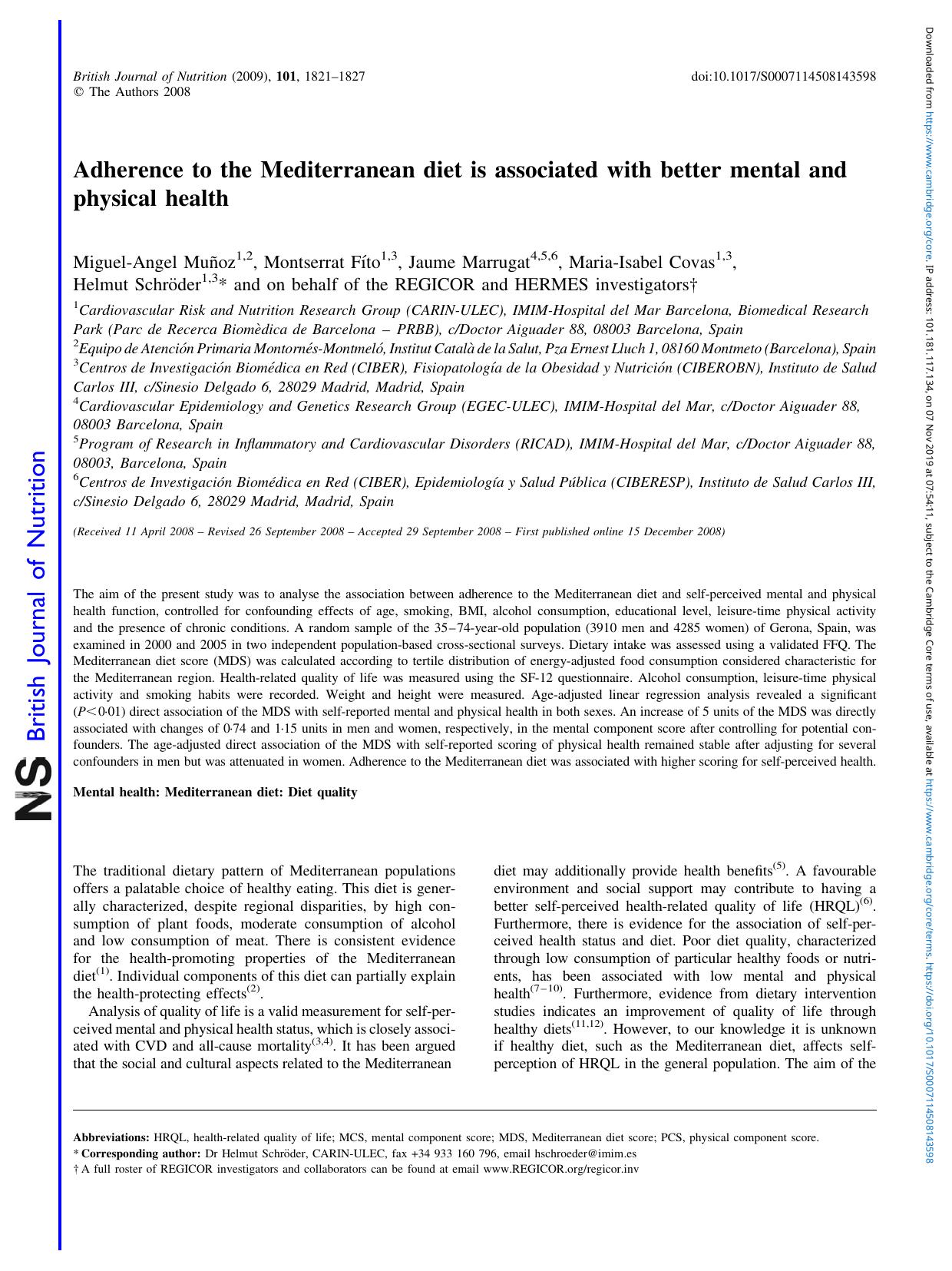 Adherence to the Mediterranean diet is associated with better mental and physical health by Miguel-Angel Muñoz Montserrat Fíto Jaume Marrugat Maria-Isabel Covas Helmut Schröder