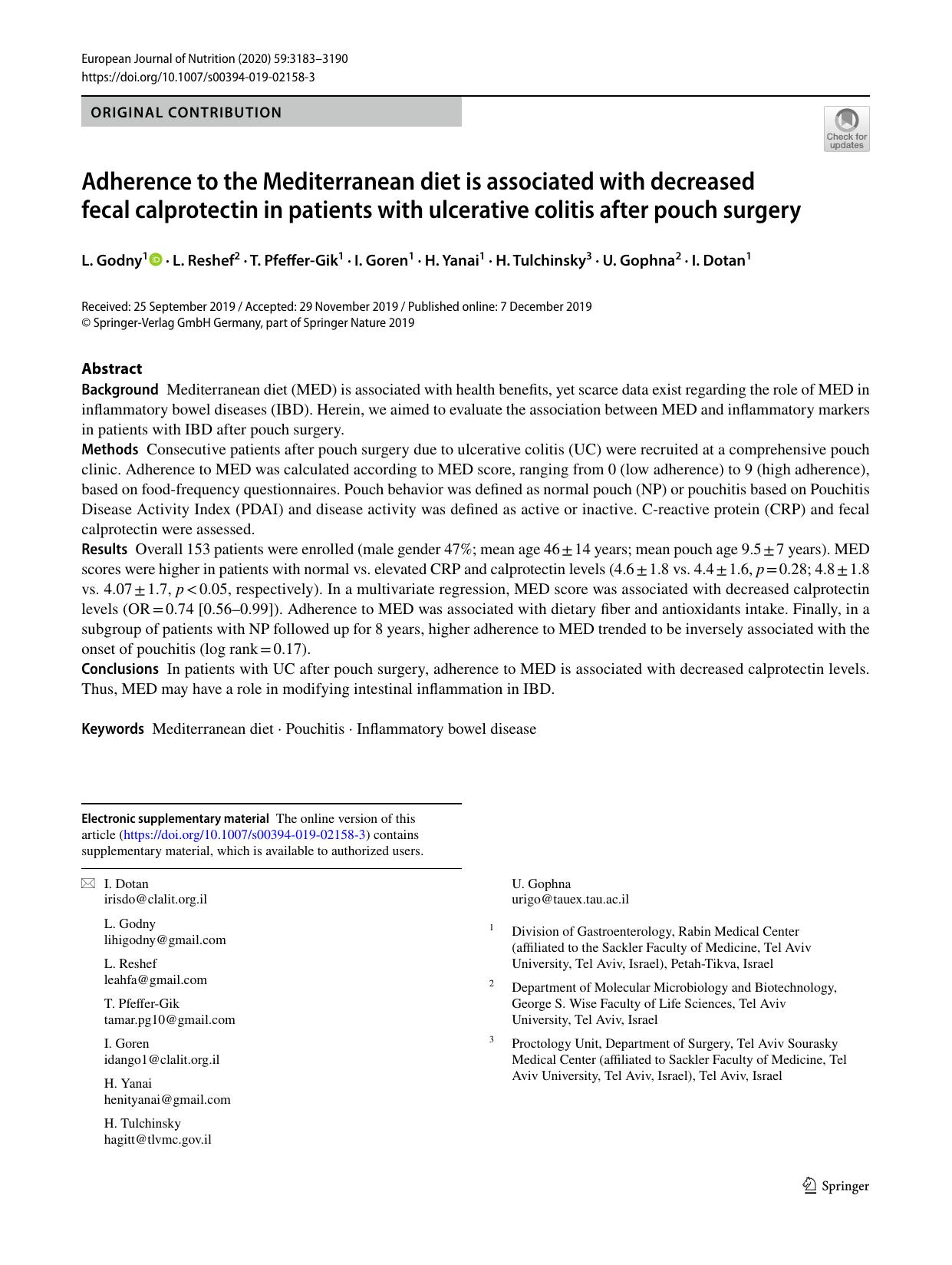 Adherence to the Mediterranean diet is associated with decreased fecal calprotectin in patients with ulcerative colitis after pouch surgery by unknow