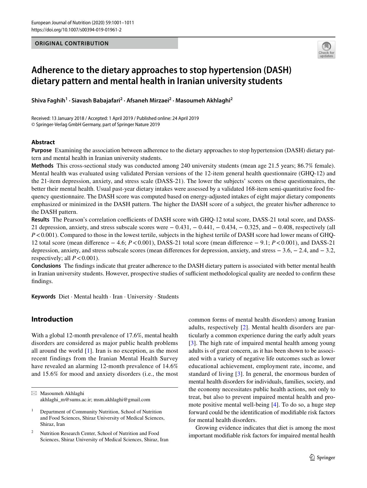 Adherence to the dietary approaches to stop hypertension (DASH) dietary pattern and mental health in Iranian university students by Shiva Faghih & Siavash Babajafari & Afsaneh Mirzaei & Masoumeh Akhlaghi