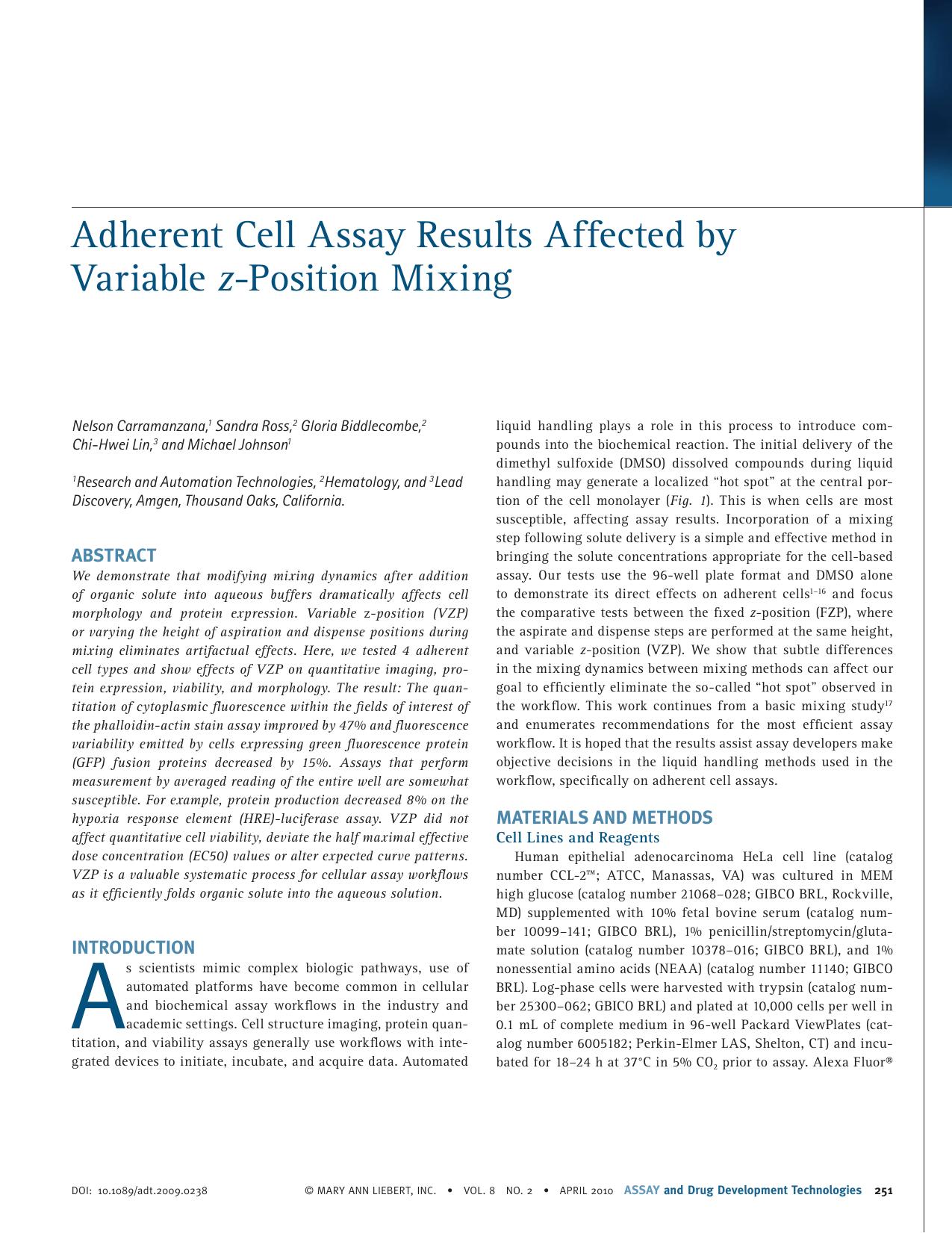 Adherent Cell Assay Results Affected by Variable z-Position Mixing by Nelson Carramanzana Sandra Ross Gloria Biddlecombe Chi-Hwei Lin Michael Johnson