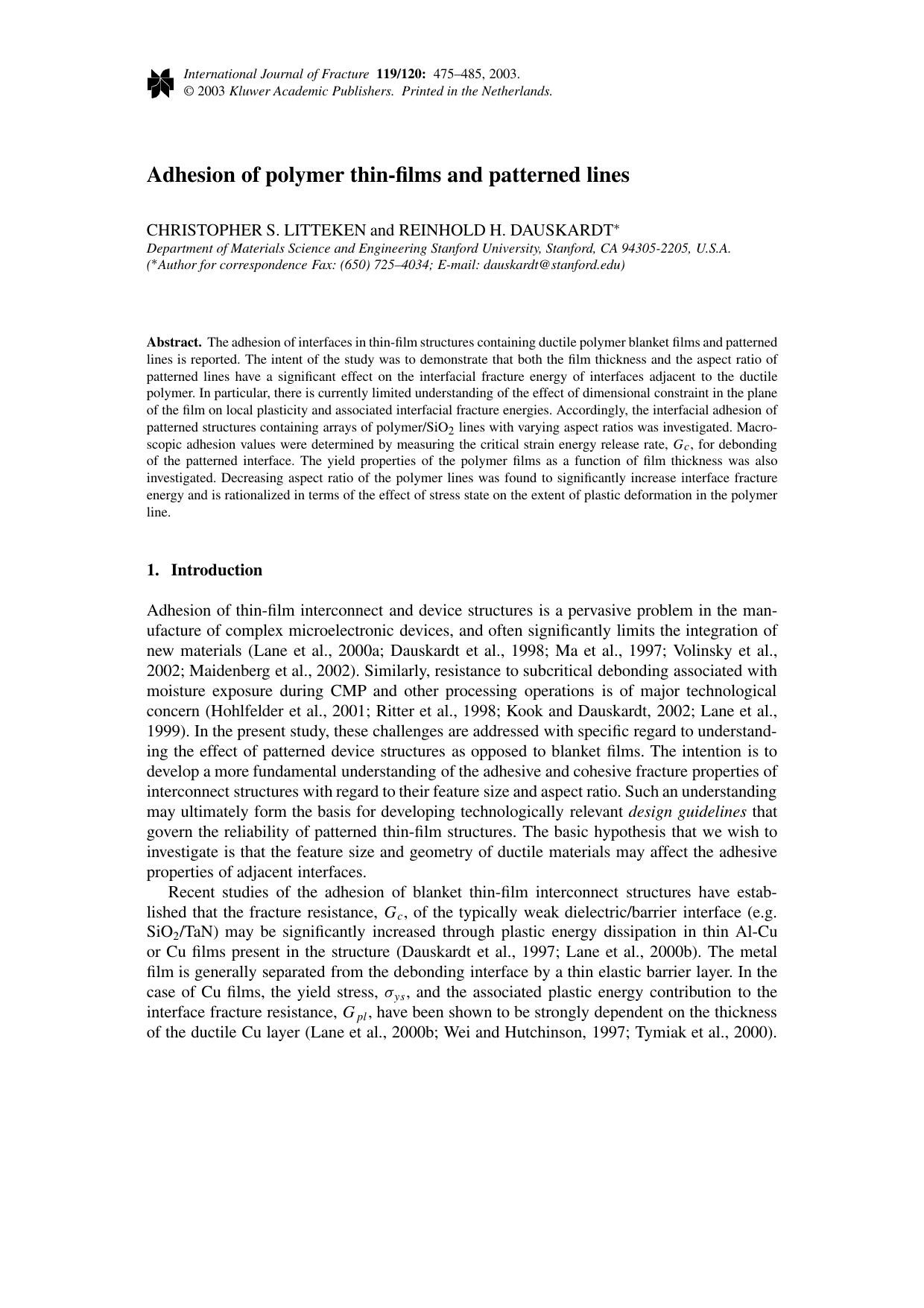 Adhesion of polymer thin-films and patterned lines by Unknown
