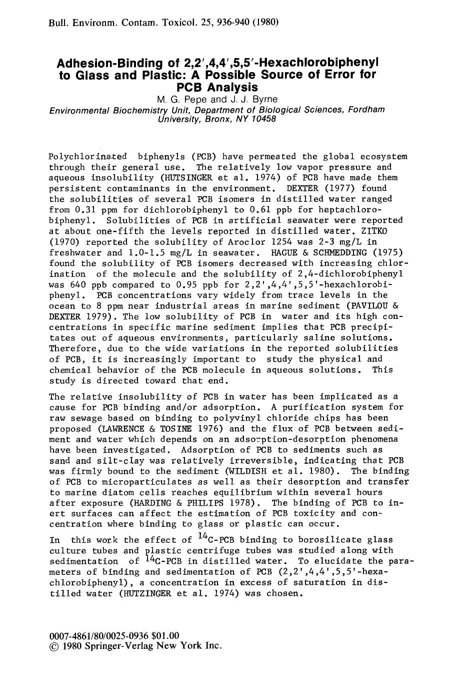 Adhesion-binding of 2,2′,4,4′,5,5′-hexachlorobiphenyl to glass and plastic: A possible source of error for PCB analysis by Unknown