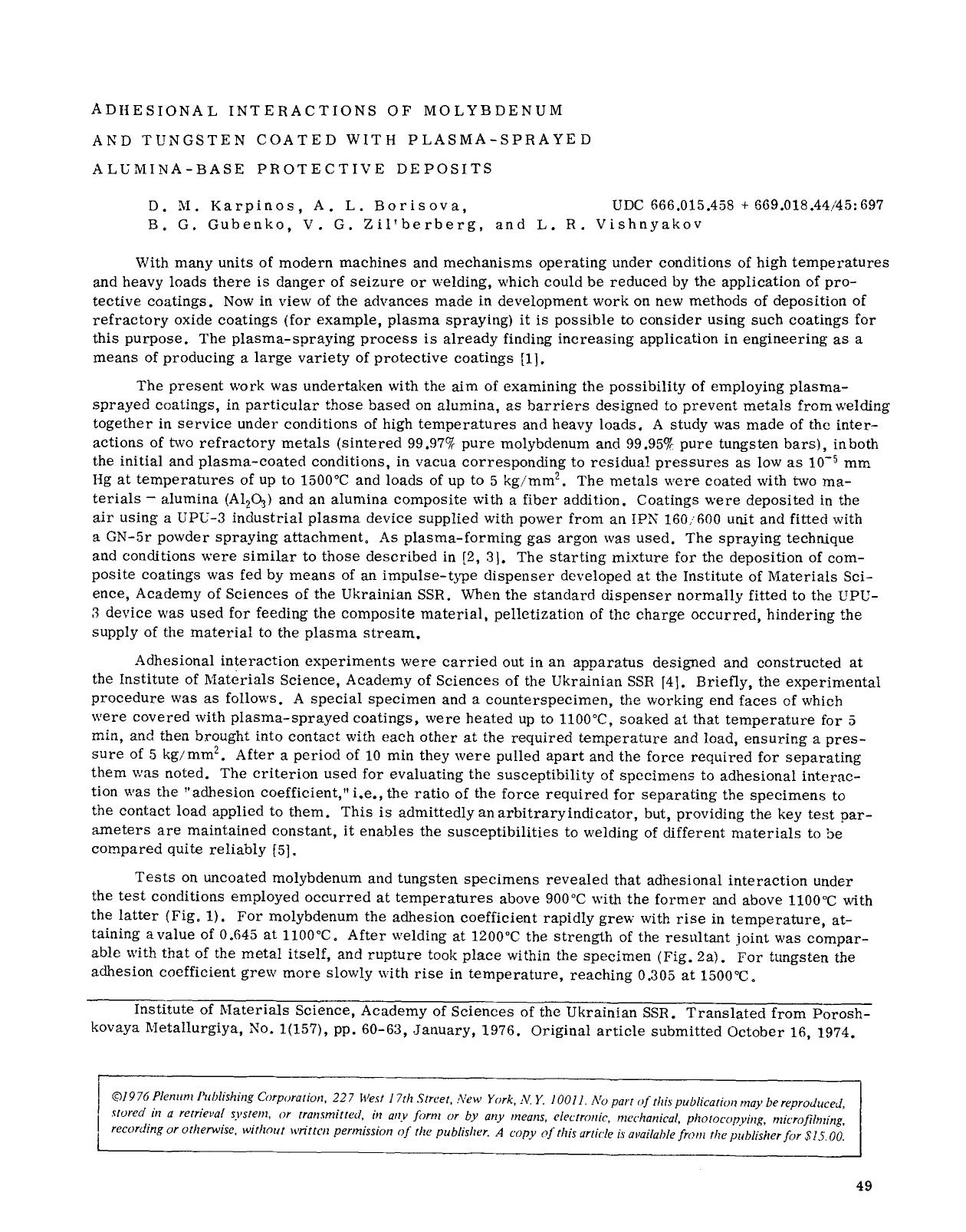 Adhesional interactions of molybdenum and tungsten coated with plasma-sprayed alumina-base protective deposits by Unknown