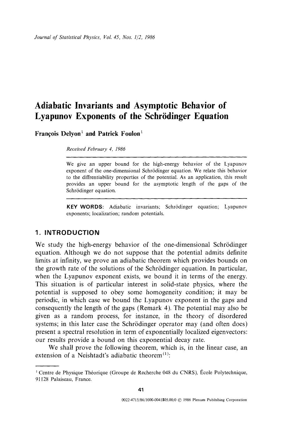 Adiabatic invariants and asymptotic behavior of Lyapunov exponents of the Schr&#x00F6;dinger equation by Unknown