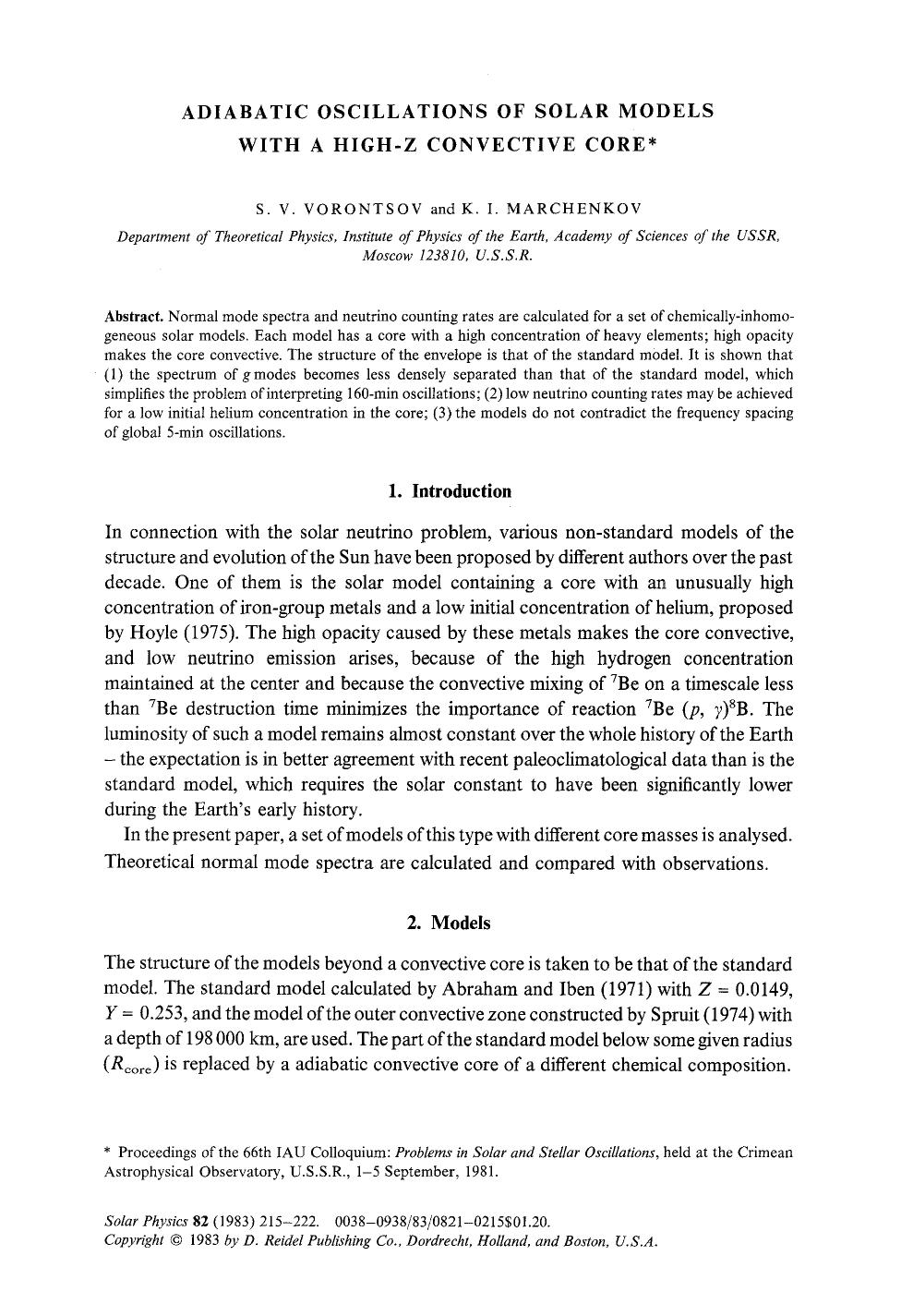 Adiabatic oscillations of solar models with a high-Z convective core by Unknown