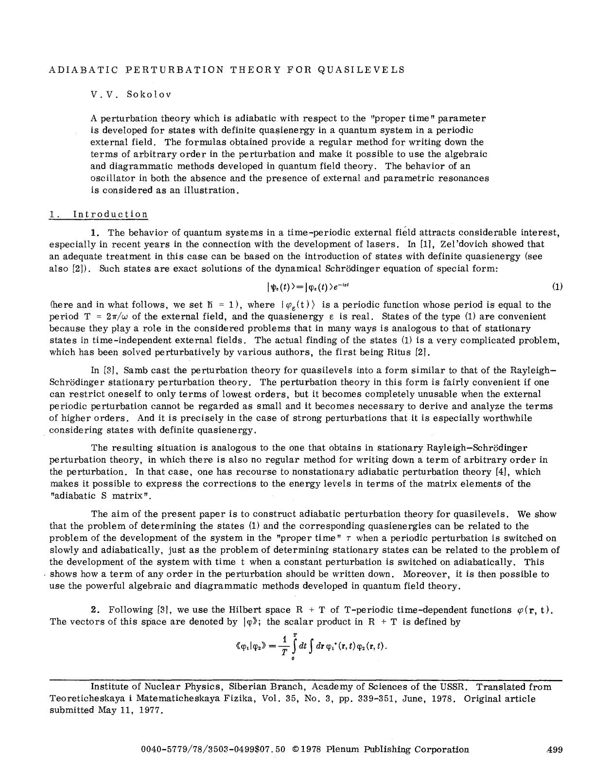 Adiabatic perturbation theory for quasilevels by Unknown