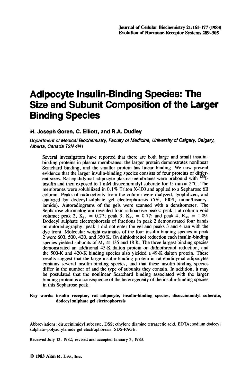 Adipocyte insulin-binding species: The size and subunit composition of the larger binding species by Unknown