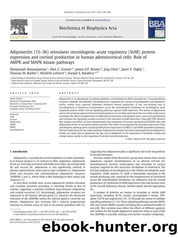 Adiponectin (15â36) stimulates steroidogenic acute regulatory (StAR) protein expression and cortisol production in human adrenocortical cells: Role of AMPK and MAPK kinase pathways by unknow