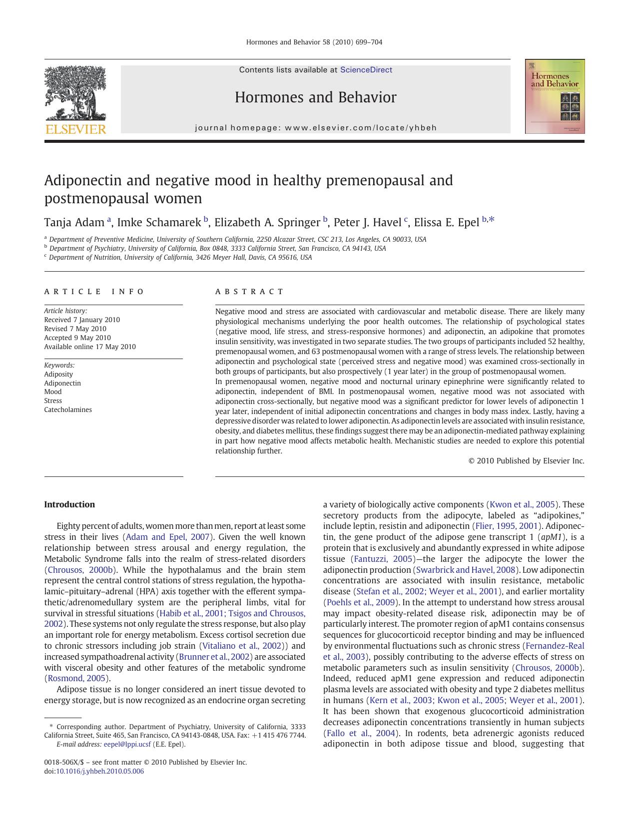 Adiponectin and negative mood in healthy premenopausal and postmenopausal women by Tanja Adam