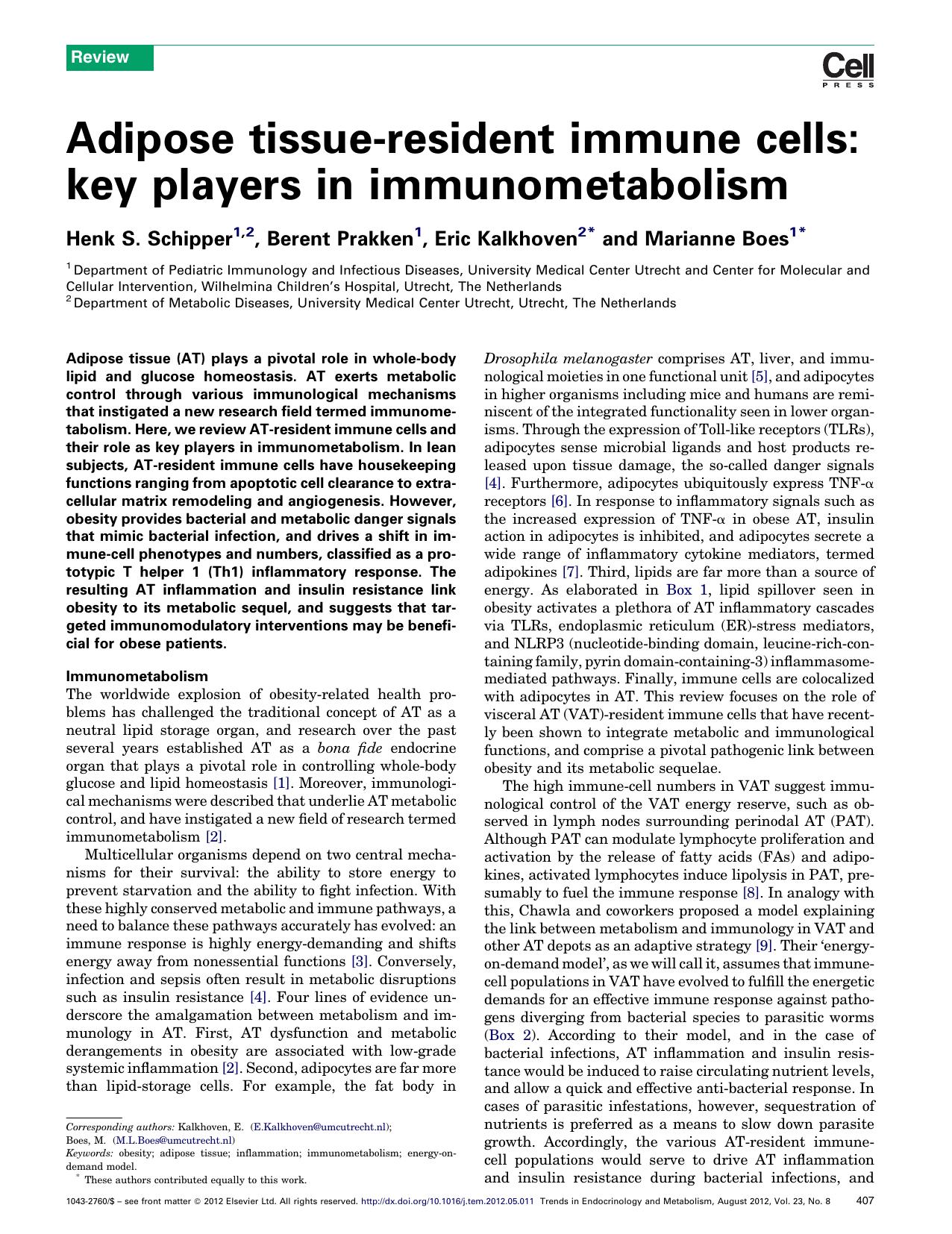 Adipose tissue-resident immune cells: key players in immunometabolism by Henk S. Schipper & Berent Prakken & Eric Kalkhoven & Marianne Boes