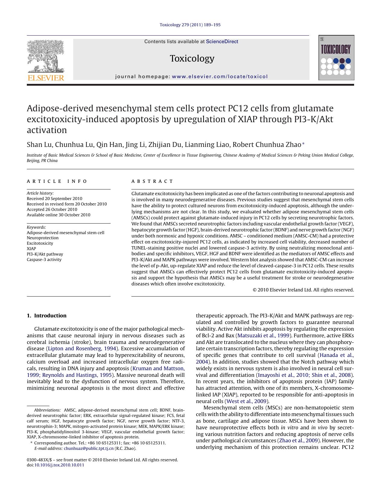 Adipose-derived mesenchymal stem cells protect PC12 cells from glutamate excitotoxicity-induced apoptosis by upregulation of XIAP through PI3-KAkt activation by Shan Lu