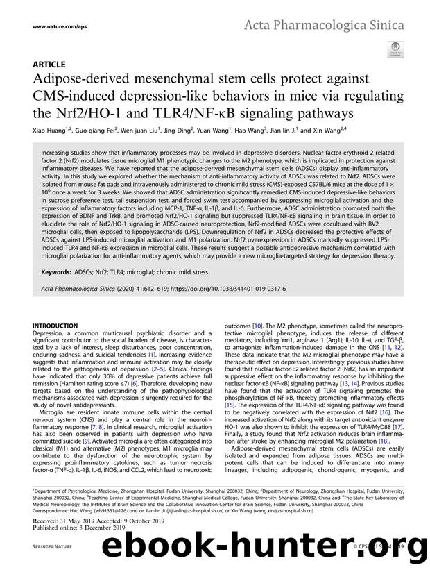 Adipose-derived mesenchymal stem cells protect against CMS-induced depression-like behaviors in mice via regulating the Nrf2HO-1 and TLR4NF-ÃÂºB signaling pathways by unknow