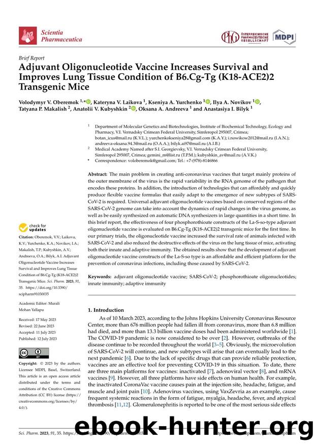 Adjuvant Oligonucleotide Vaccine Increases Survival and Improves Lung Tissue Condition of B6.Cg-Tg (K18-ACE2)2 Transgenic Mice by unknow