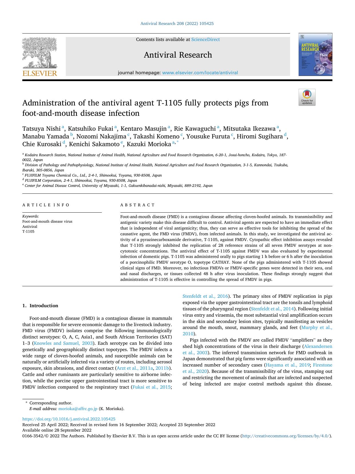 Administration of the antiviral agent T-1105 fully protects pigs from foot-and-mouth disease infection by unknow