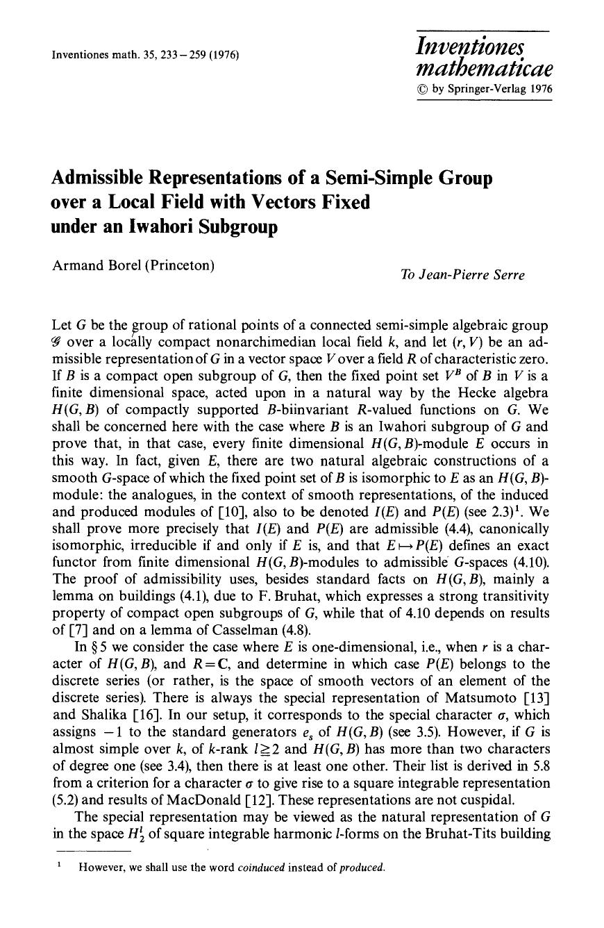 Admissible representations of a semi-simple group over a local field with vectors fixed under an iwahori subgroup by Unknown