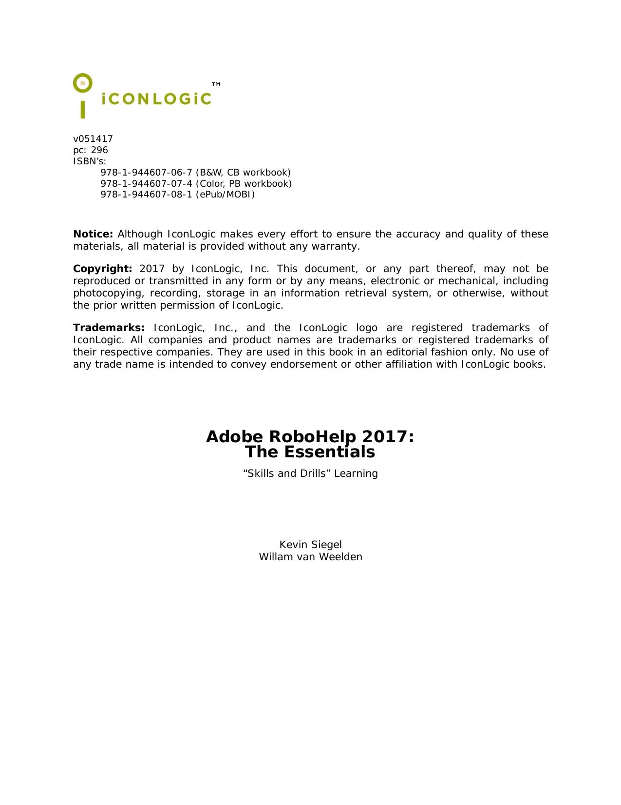 Adobe RoboHelp 2017: The Essentials by Kevin A. Siegel; Willam van Weelden