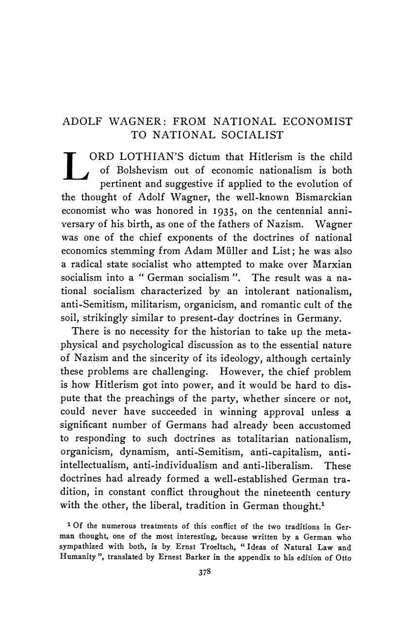 Adolf Wagner; From National Economist to National Socialist by Unknown