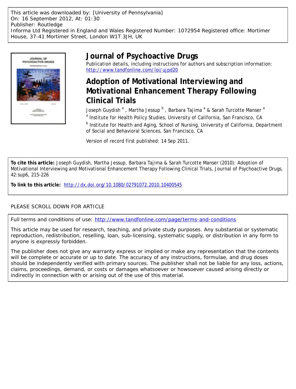 Adoption of Motivational Interviewing and Motivational Enhancement Therapy Following Clinical Trials by unknow