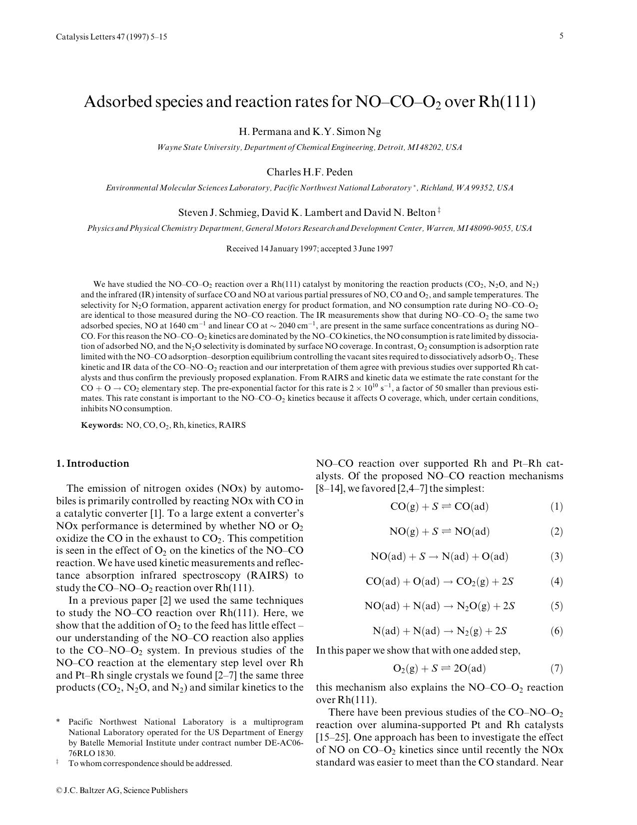 Adsorbed species and reaction rates for NO-CO-O<Subscript>2<Subscript> over Rh(111) by Unknown